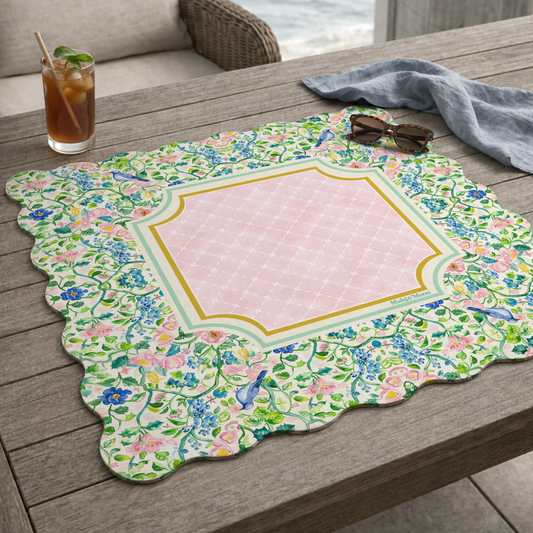 Scalloped Chinoiserie Bird & Floral Mahjong Mat
