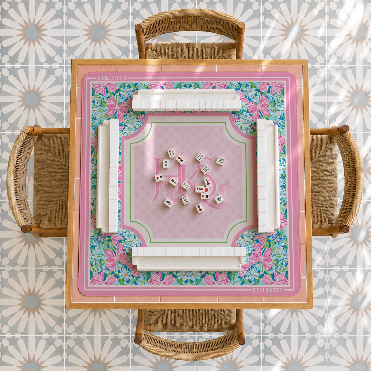 Personalized Bow American Mahjong Mat | Custom Monogram Coquette Playing Mat
