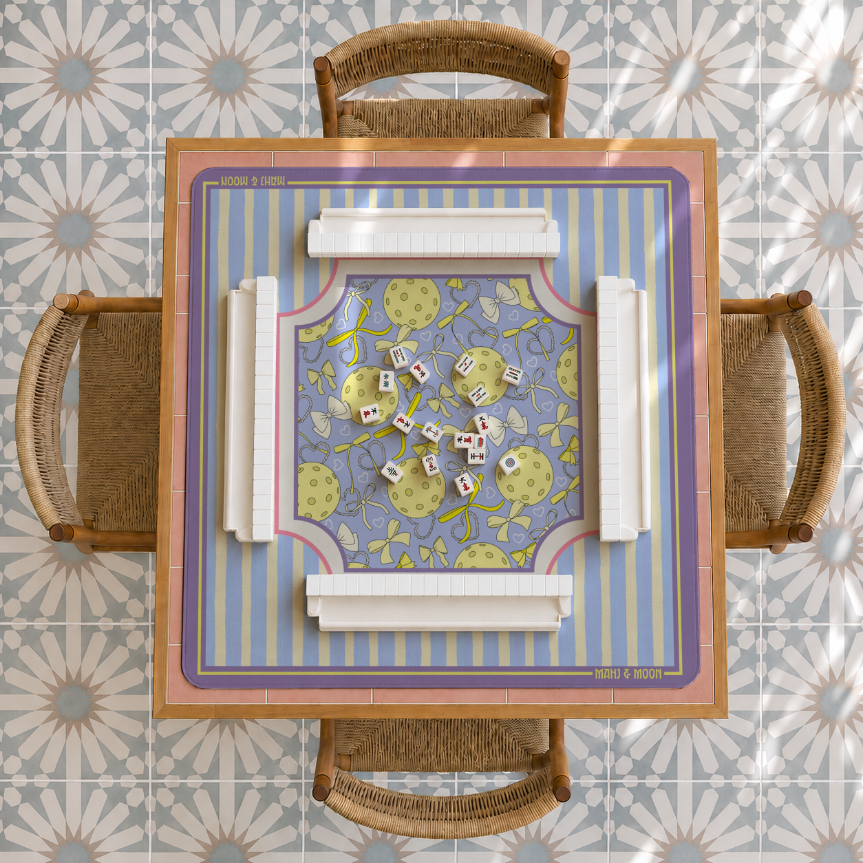 Pickleball Mahjong Mat | Preppy Bow & Lavender Stripe Design