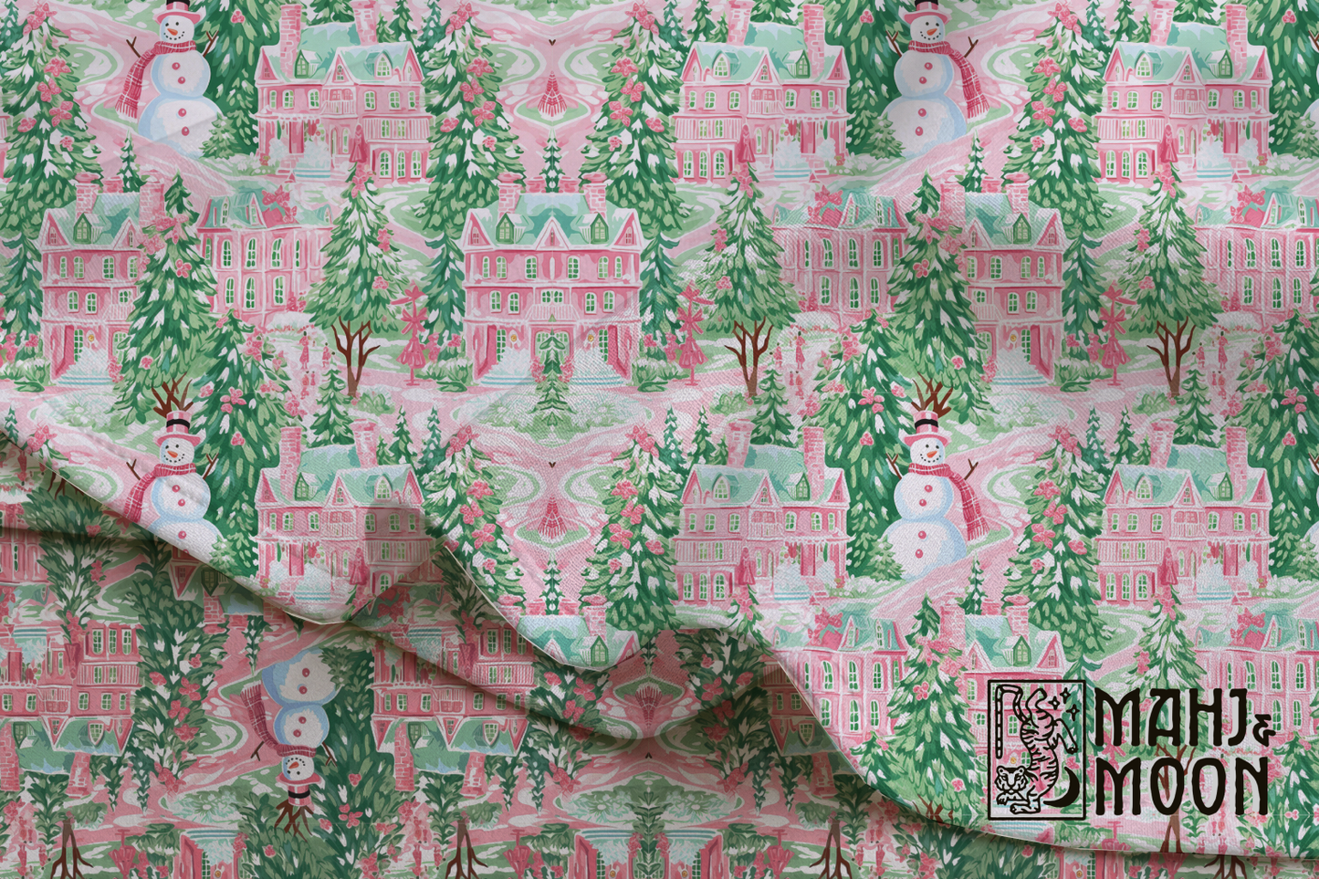 Pink Christmas Village Mahjong Tablecloth