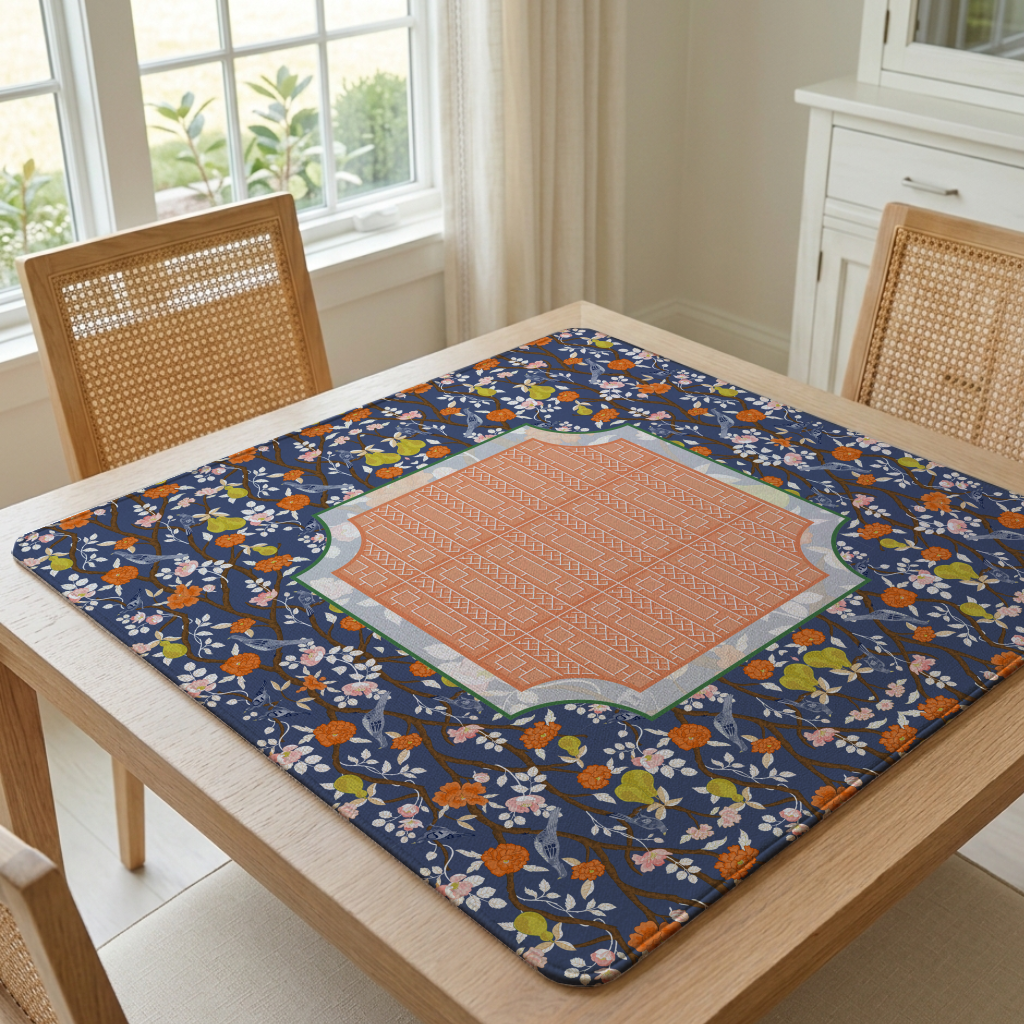 Chinoiserie Garden Mahjong Mat | Navy Bird & Pear Mah Jongg Mat