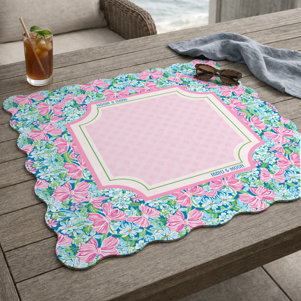 Scalloped Bow Garden Mahjong Mat – Pink & Blue Floral Mahjong Table Mat