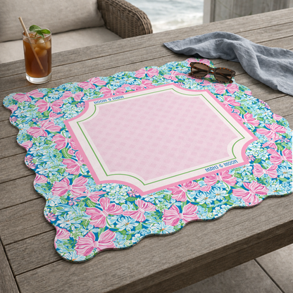 Scalloped Bow Garden Mahjong Mat – Pink & Blue Floral Mahjong Table Mat