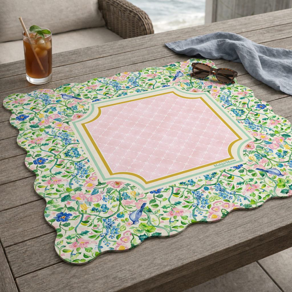 Scalloped Chinoiserie Bird & Floral Mahjong Mat