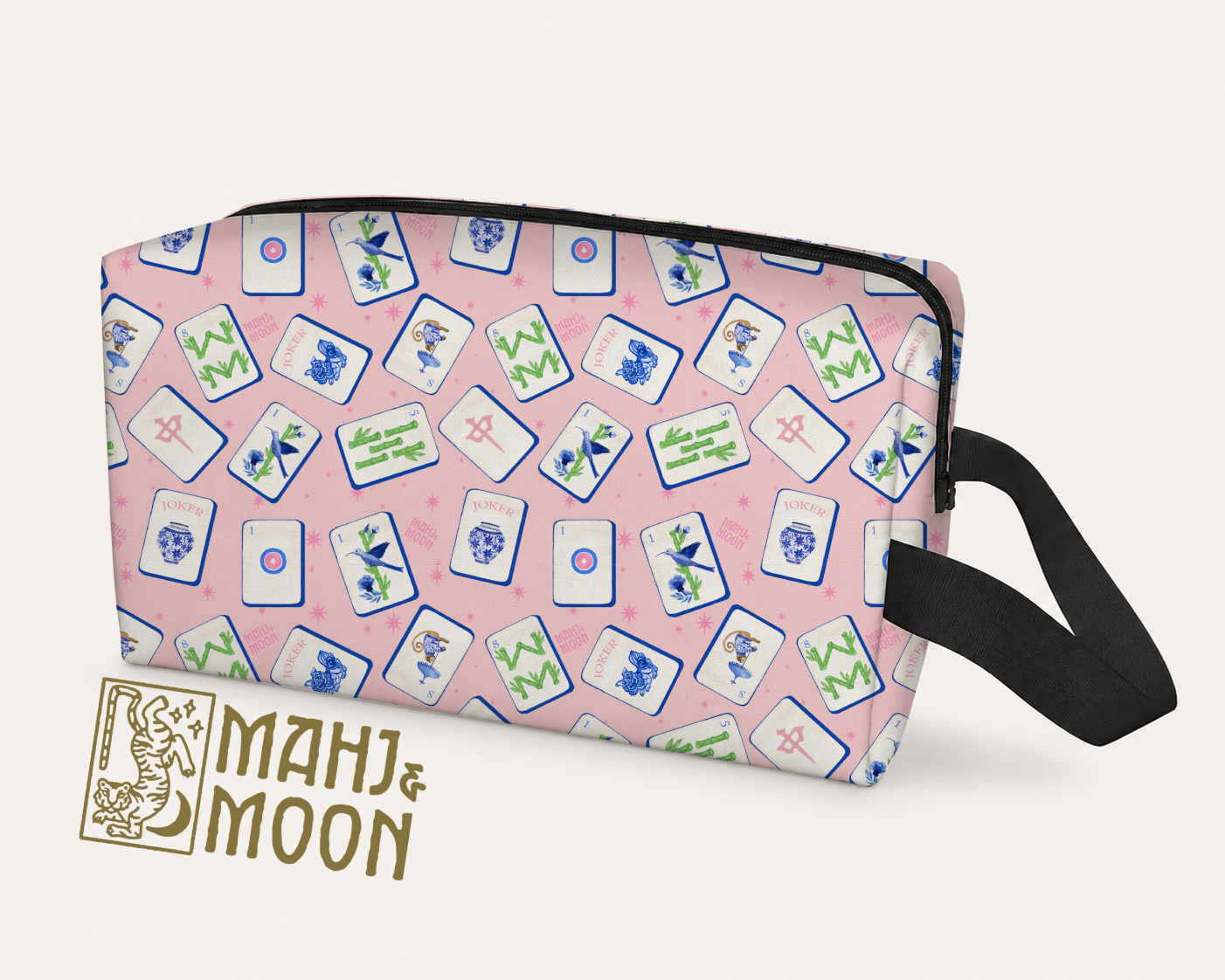 Pink Illustrated Mahjong Tile Pouch | Mahjong Accessories Bag