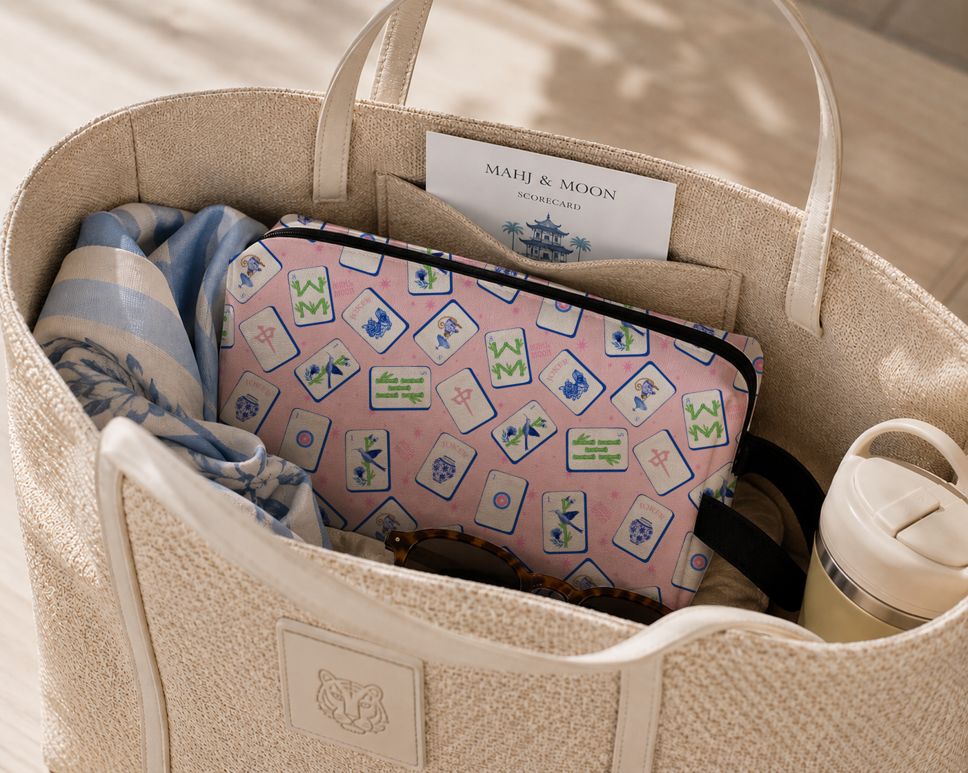 Pink Illustrated Mahjong Tile Pouch | Mahjong Accessories Bag