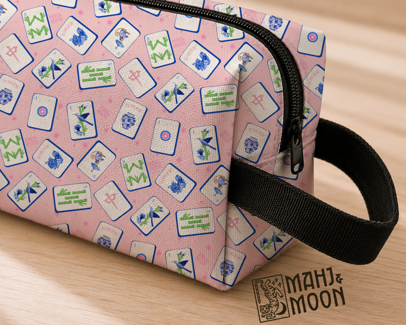 Pink Illustrated Mahjong Tile Pouch | Mahjong Accessories Bag