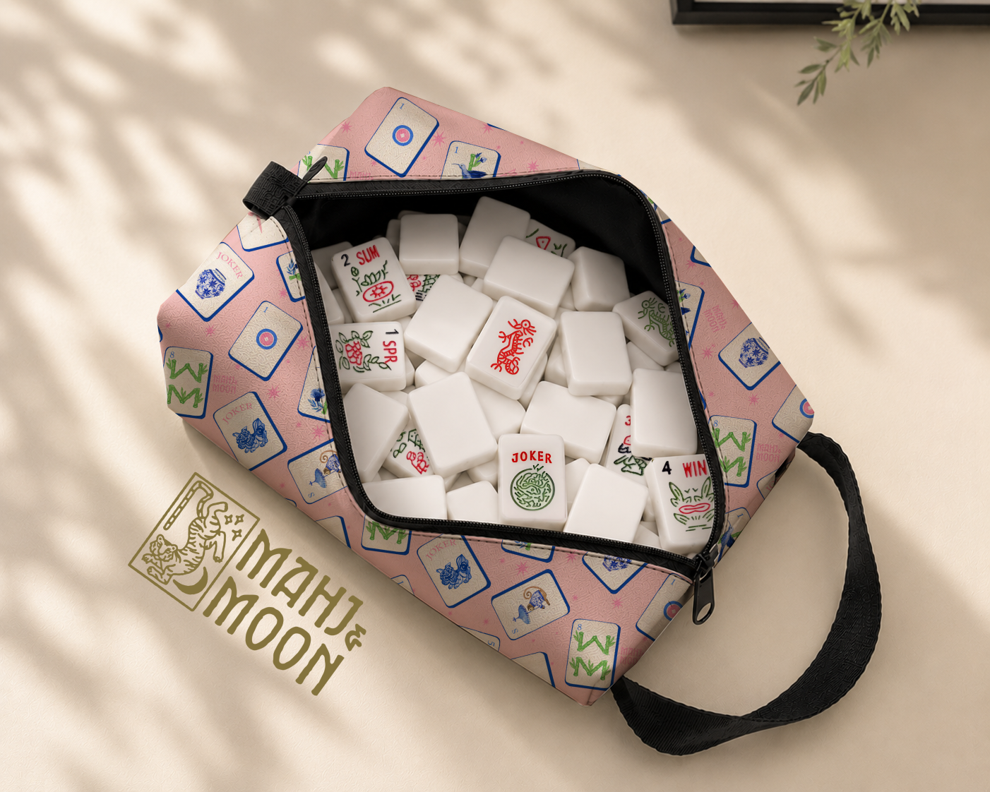 Pink Illustrated Mahjong Tile Pouch | Mahjong Accessories Bag