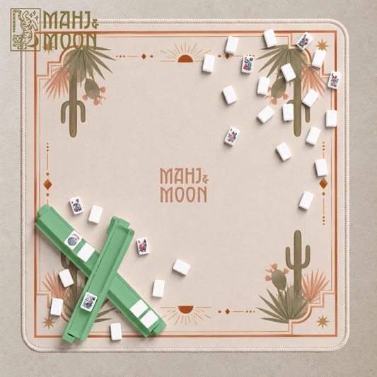 Southwest Desert Mahjong mat featuring sage cacti, desert botanicals and a neutral playing centre.