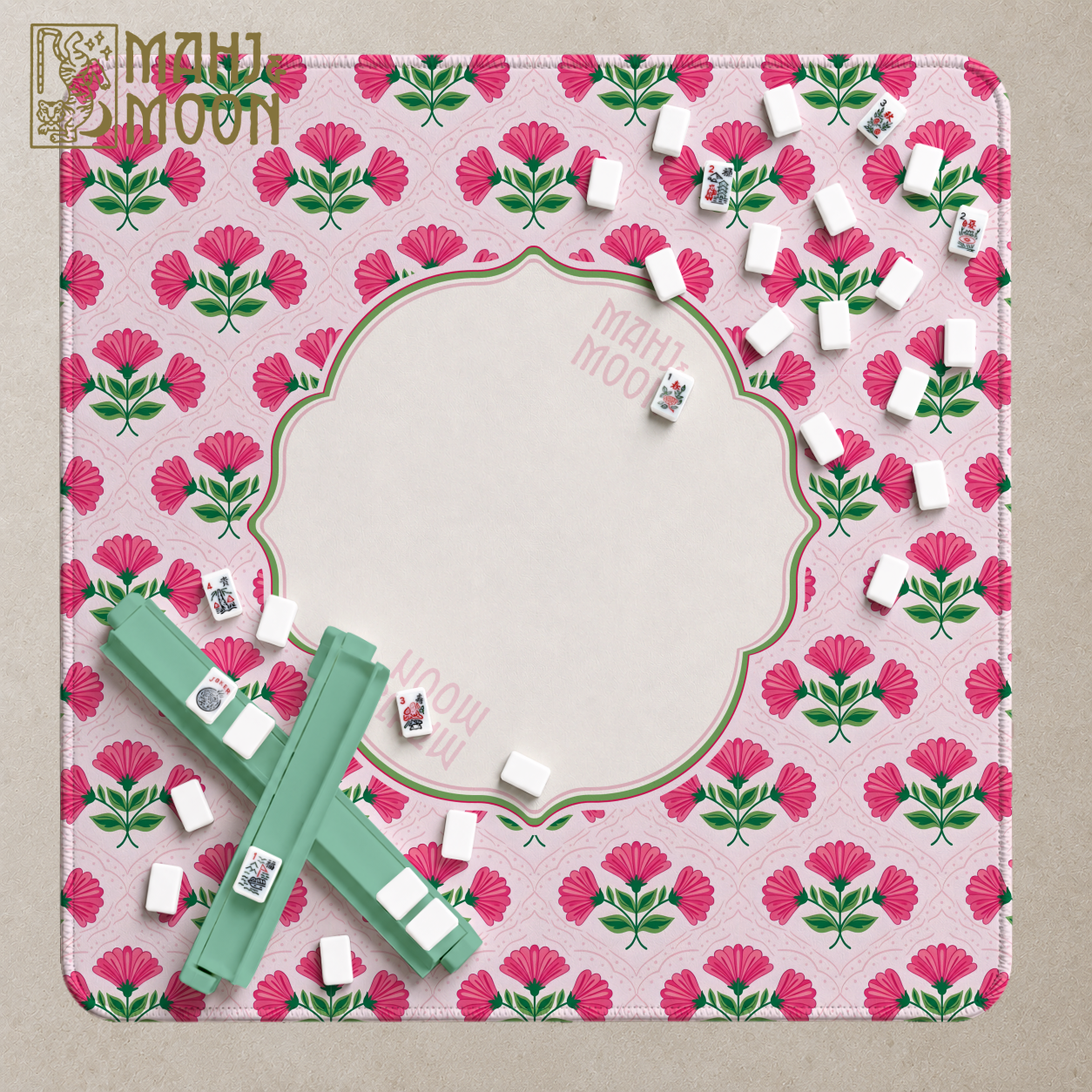 Pink & Green Floral Mahjong Mat | Preppy American Mah Jongg Mat