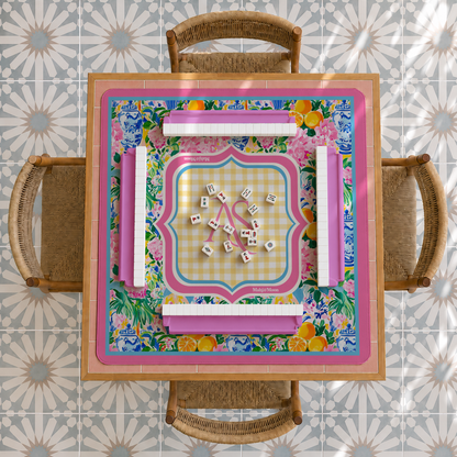 Personalized Vibrant Floral Chinoiserie Pink Mahjong Mat | Custom Monogram Mahj Mat
