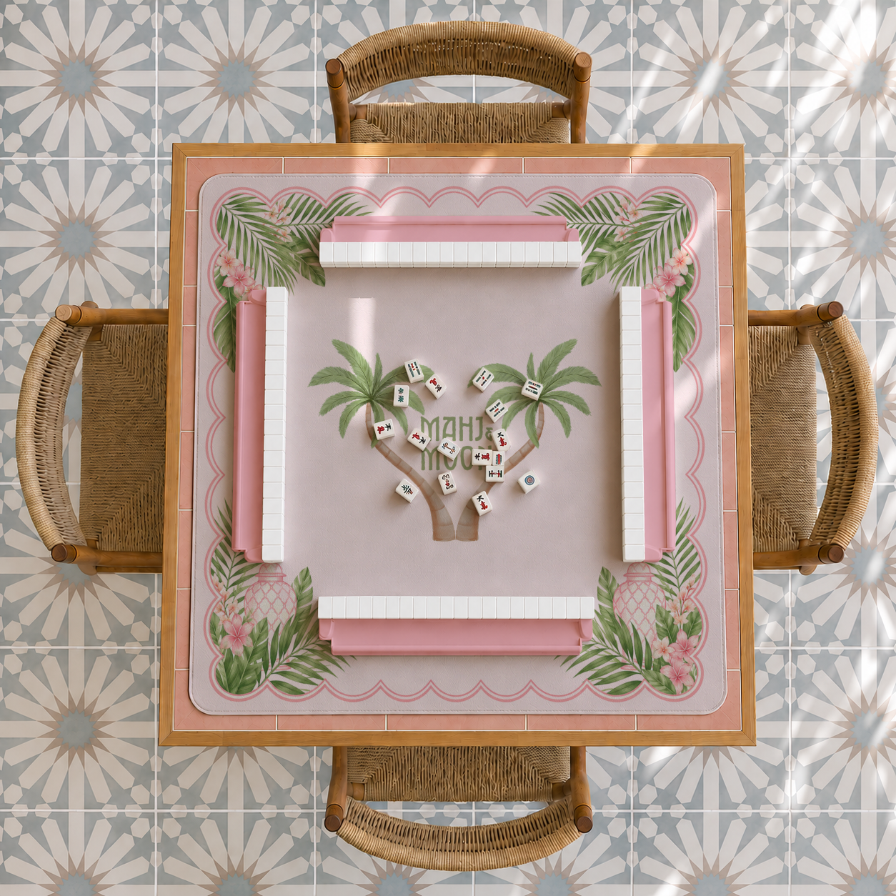 Palm Tree Mahjong Mat | Tropical Pink American Mahjong Playing Mat