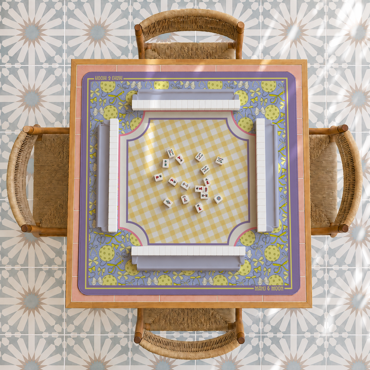 Preppy Pickleball Mahjong Mat | Lavender Bows & Pickleballs