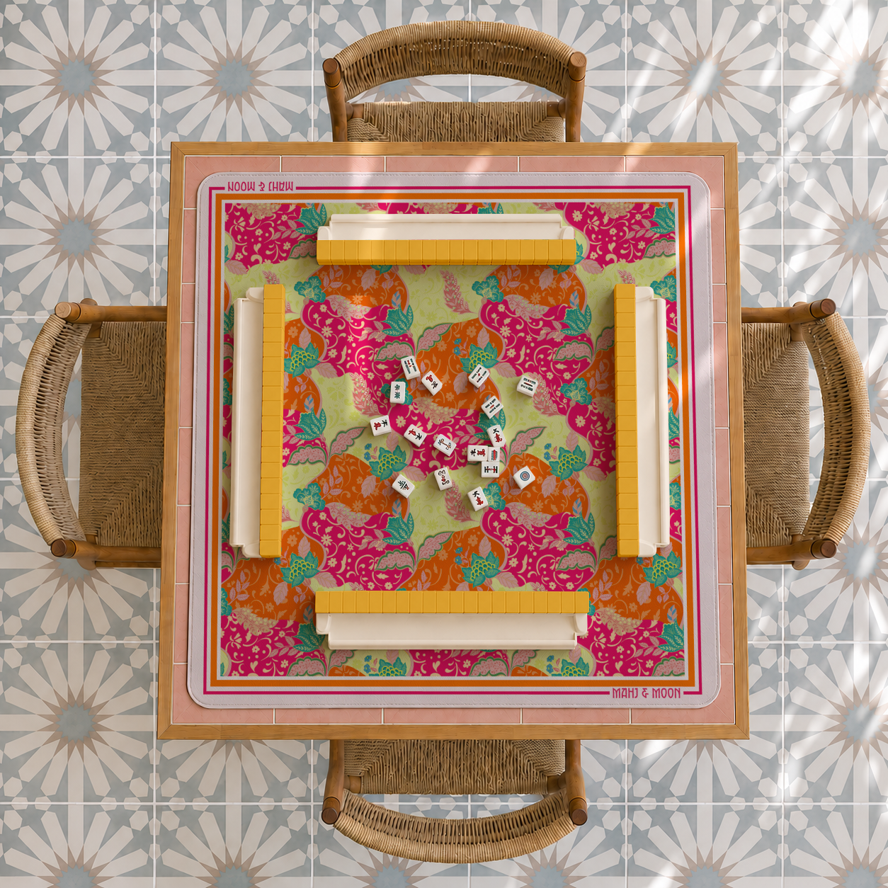 Colorful Botanical Mahjong Mat – Pink, Orange & Green Floral Mah Jongg Mat