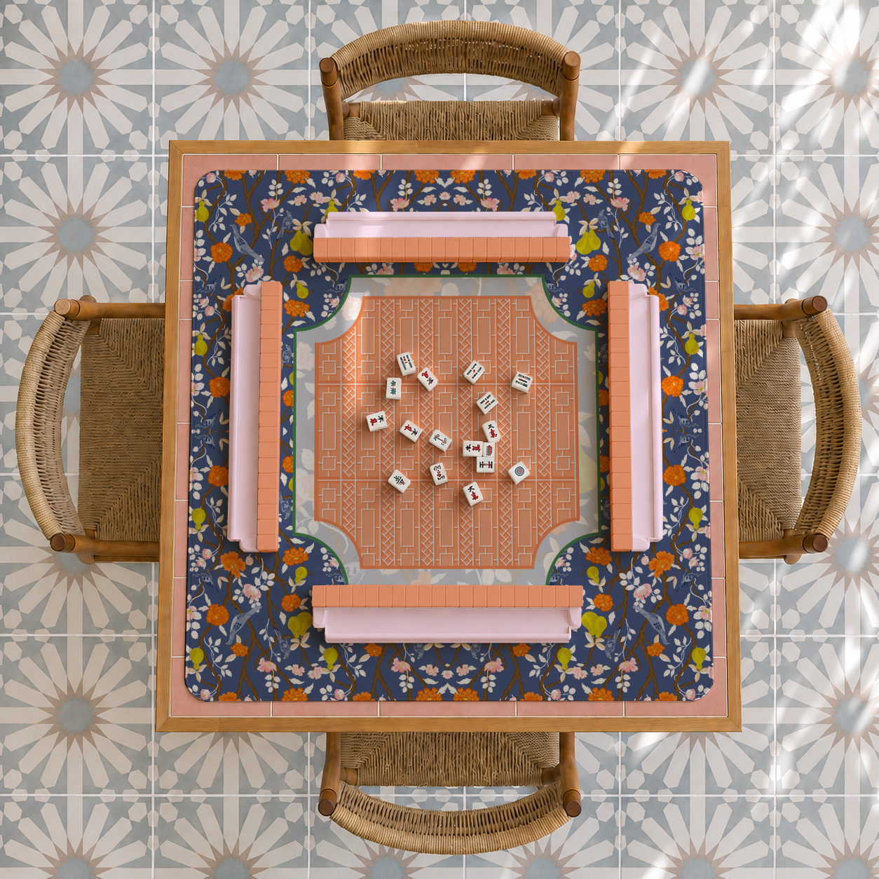 Chinoiserie Garden Mahjong Mat | Navy Bird & Pear Mah Jongg Mat