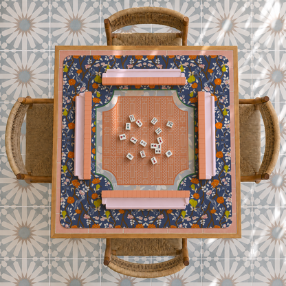 Chinoiserie Garden Mahjong Mat | Navy Bird & Pear Mah Jongg Mat