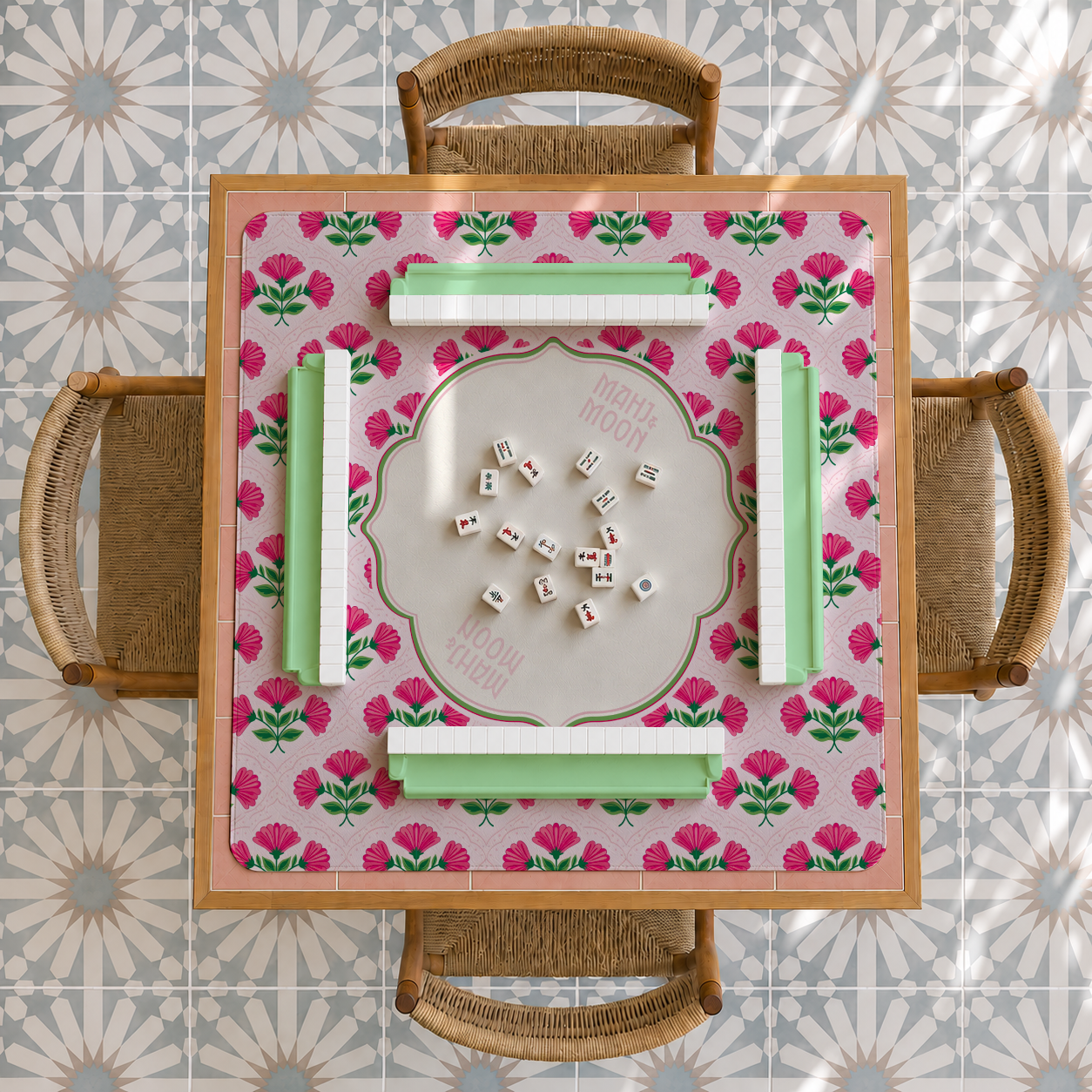 Pink & Green Floral Mahjong Mat | Preppy American Mah Jongg Mat