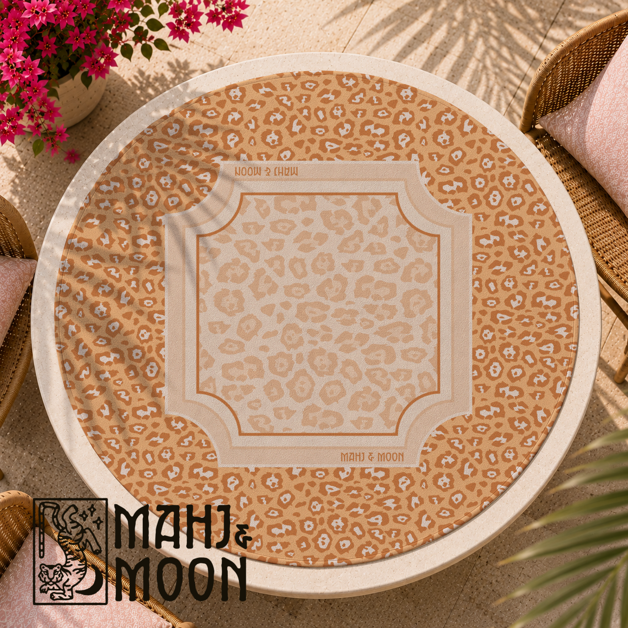 Round Leopard Print Mahjong Mat | Neutral Animal Print American Mahjong Playing Mat