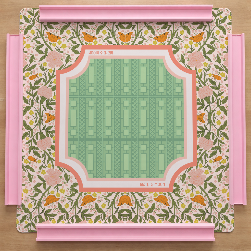 Botanical Butterfly Mahjong Mat | Floral Garden Design in Pink & Green