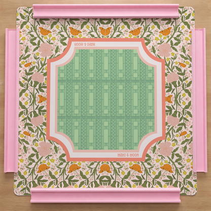 Botanical Butterfly Mahjong Mat | Floral Garden Design in Pink & Green