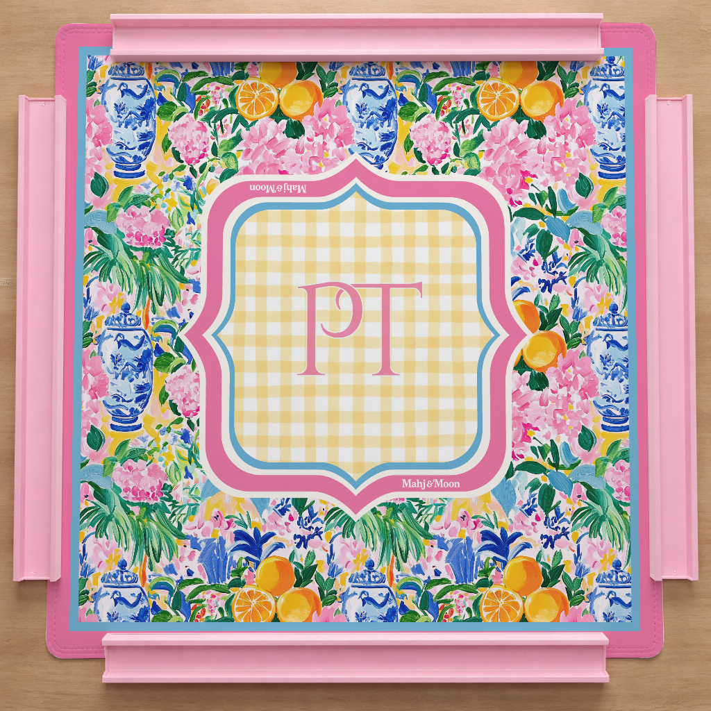 Personalized Vibrant Floral Chinoiserie Pink Mahjong Mat | Custom Monogram Mahj Mat