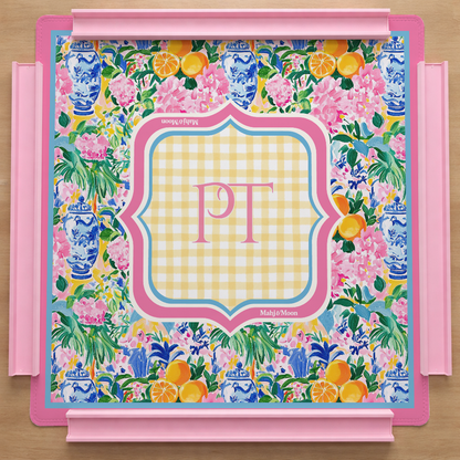 Personalized Vibrant Floral Chinoiserie Pink Mahjong Mat | Custom Monogram Mahj Mat
