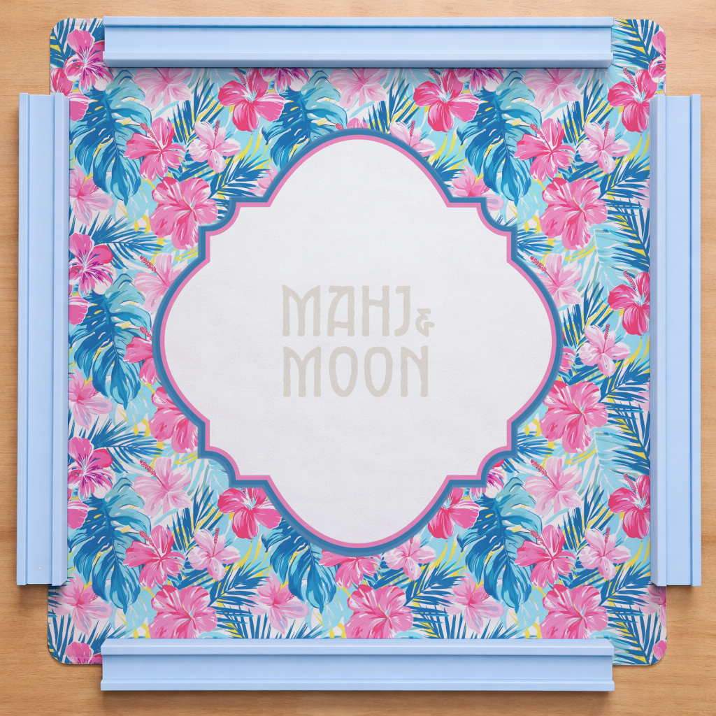 Tropical Hibiscus Mahjong Mat | Pink & Blue Palm Print Mahjong Mat
