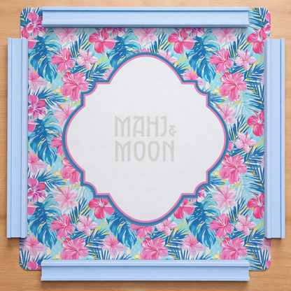 Tropical Hibiscus Mahjong Mat | Pink & Blue Palm Print Mahjong Mat