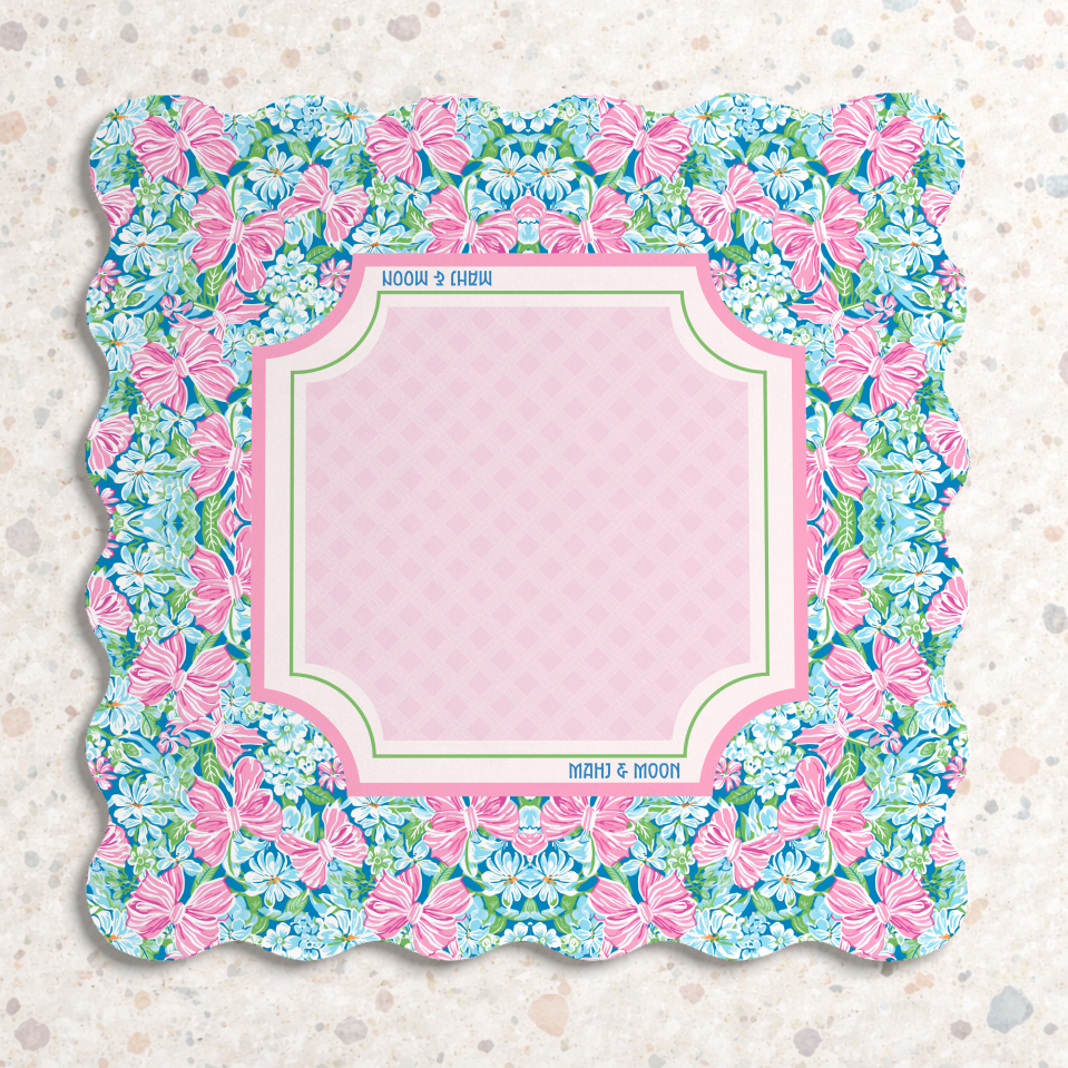 Scalloped Bow Garden Mahjong Mat – Pink & Blue Floral Mahjong Table Mat