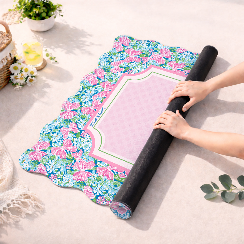 Scalloped Bow Garden Mahjong Mat – Pink & Blue Floral Mahjong Table Mat