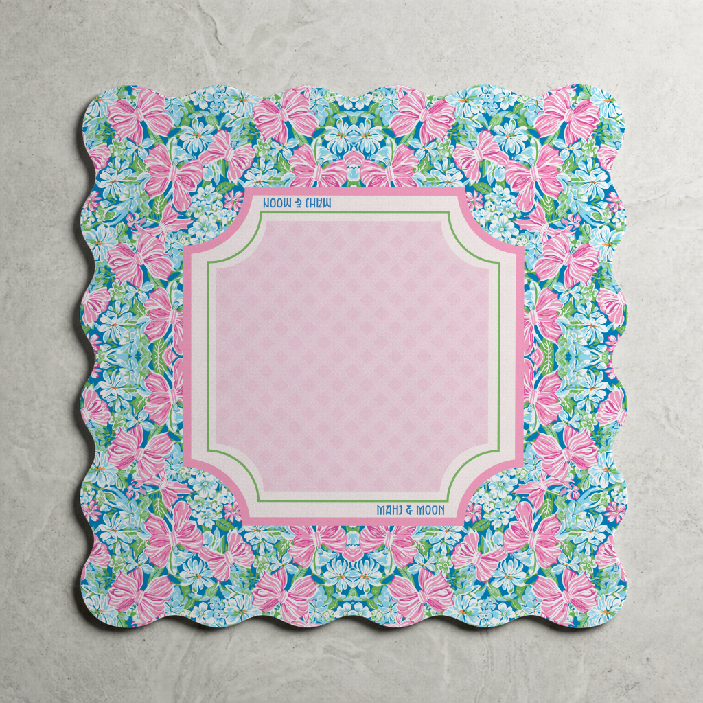 Scalloped Bow Garden Mahjong Mat – Pink & Blue Floral Mahjong Table Mat