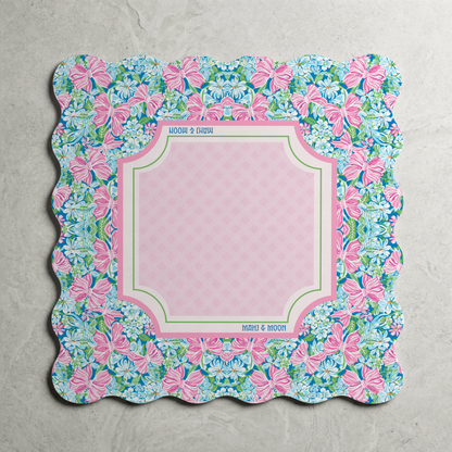 Scalloped Bow Garden Mahjong Mat – Pink & Blue Floral Mahjong Table Mat