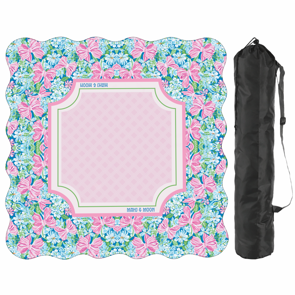 Scalloped Bow Garden Mahjong Mat – Pink & Blue Floral Mahjong Table Mat