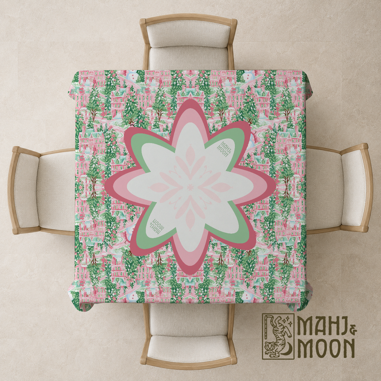 Pink Christmas Village Mahjong Tablecloth