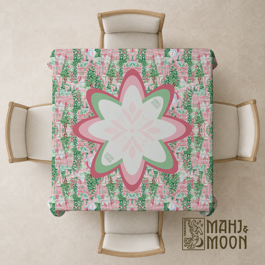 Pink Christmas Village Mahjong Tablecloth