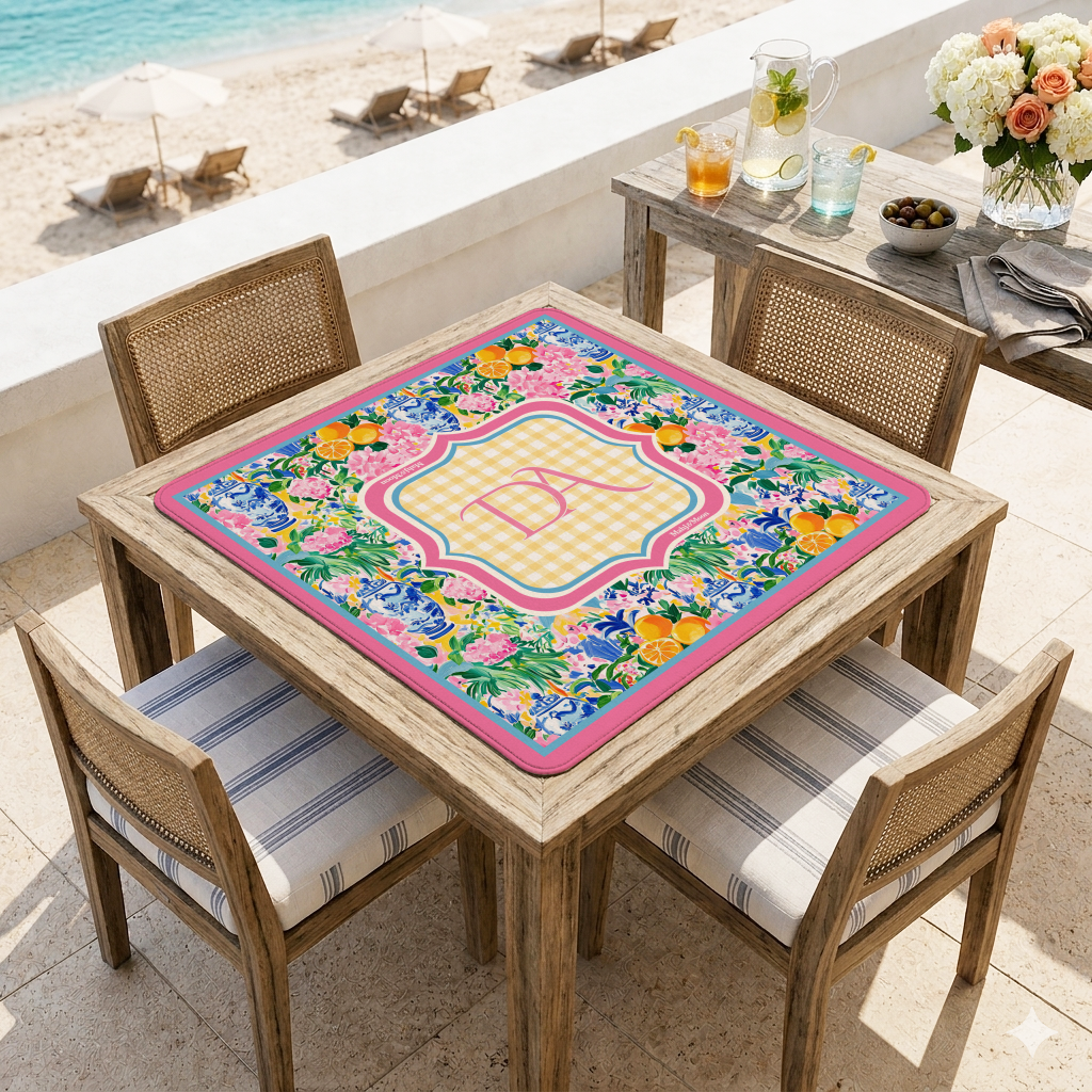 Personalized Vibrant Floral Chinoiserie Pink Mahjong Mat | Custom Monogram Mahj Mat