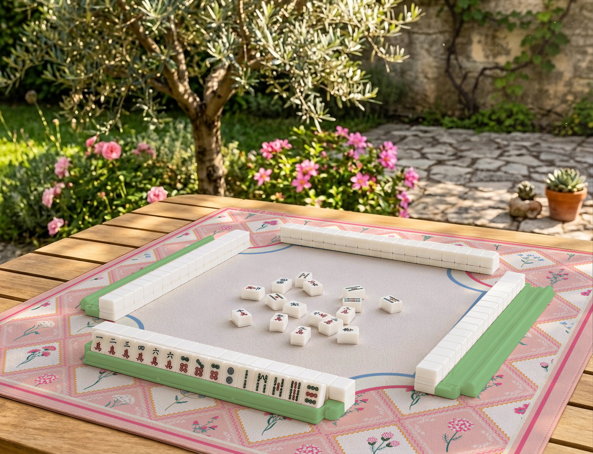 Pink floral Mahjong mat on a game table.