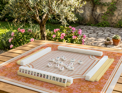 Retro Daisy Mahjong Mat – Orange Floral & Peach Gingham Mah Jongg Mat