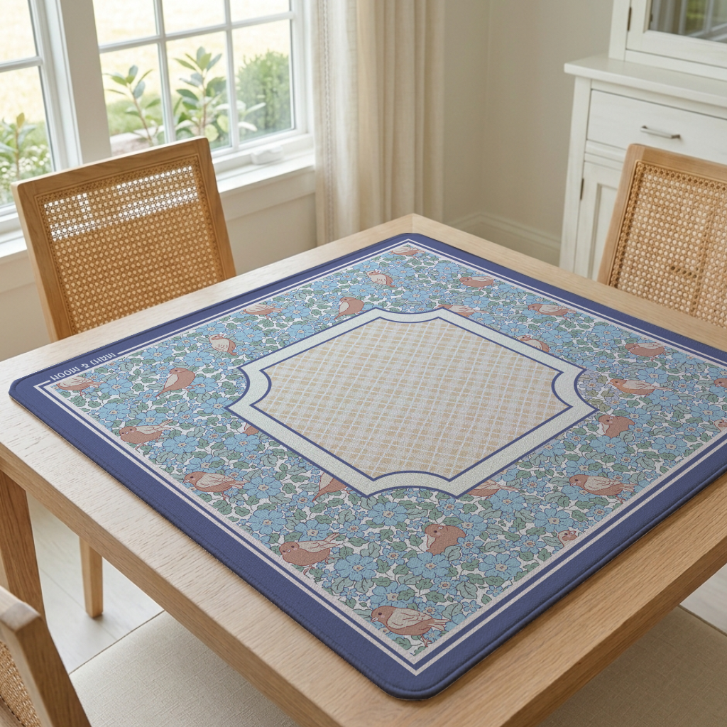 Blue Floral Bird American Mahjong Mat | Cottage Garden Playing Mat