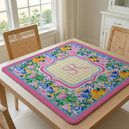 Personalized Vibrant Floral Chinoiserie Pink Mahjong Mat | Custom Monogram Mahj Mat
