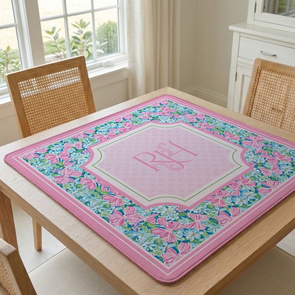 Personalized Bow American Mahjong Mat | Custom Monogram Coquette Playing Mat