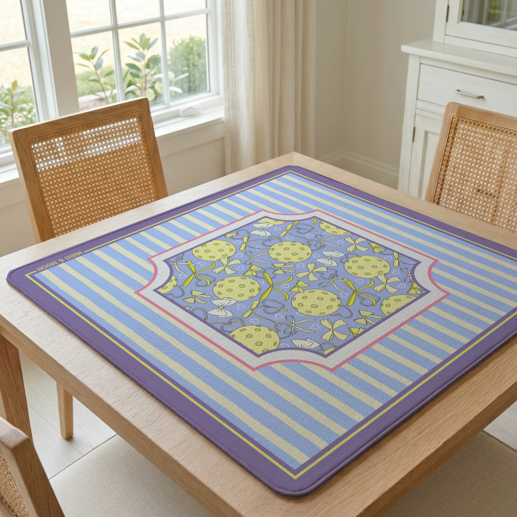 Pickleball Mahjong Mat | Preppy Bow & Lavender Stripe Design