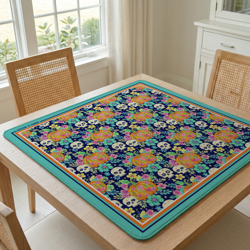 Halloween Pumpkin & Sugar Skull Mahjong Mat | American Mahjong Playing Mat