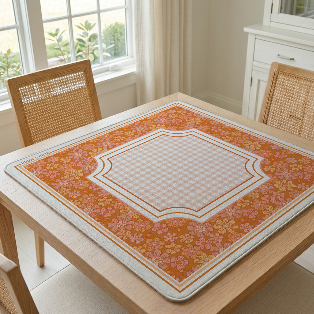 Retro Daisy Mahjong Mat – Orange Floral & Peach Gingham Mah Jongg Mat