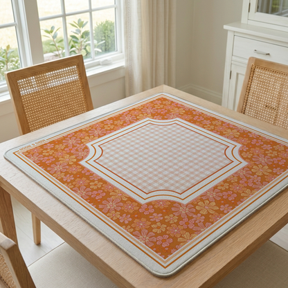 Retro Daisy Mahjong Mat – Orange Floral & Peach Gingham Mah Jongg Mat