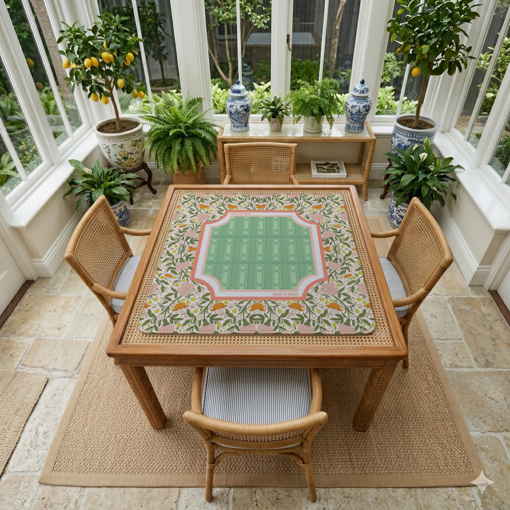 Botanical Butterfly Mahjong Mat | Floral Garden Design in Pink & Green