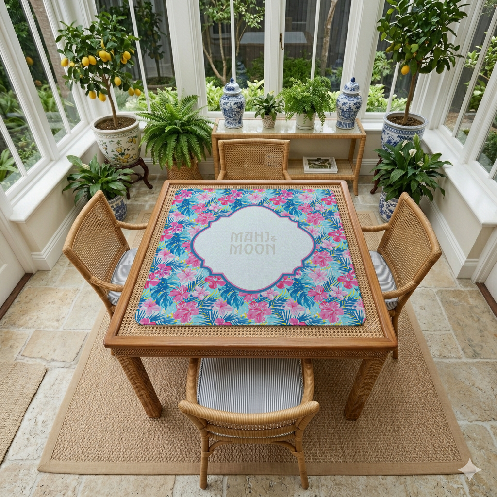 Tropical Hibiscus Mahjong Mat | Pink & Blue Palm Print Mahjong Mat