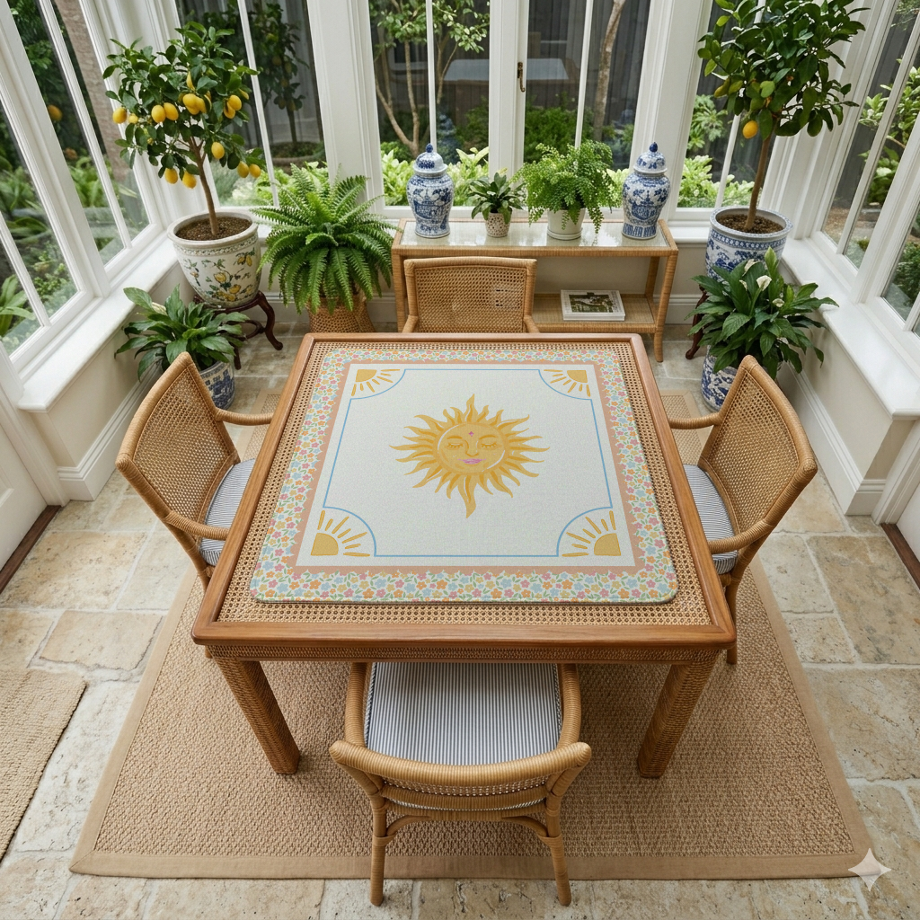 Celestial Sun Mahjong Mat | Boho Sunshine Mahjong Mat in Peach & Yellow