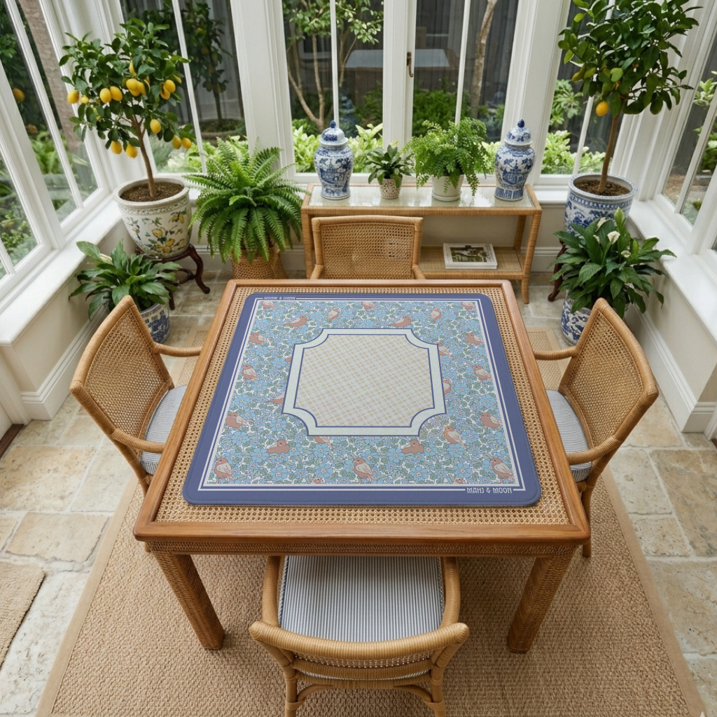Blue Floral Bird American Mahjong Mat | Cottage Garden Playing Mat