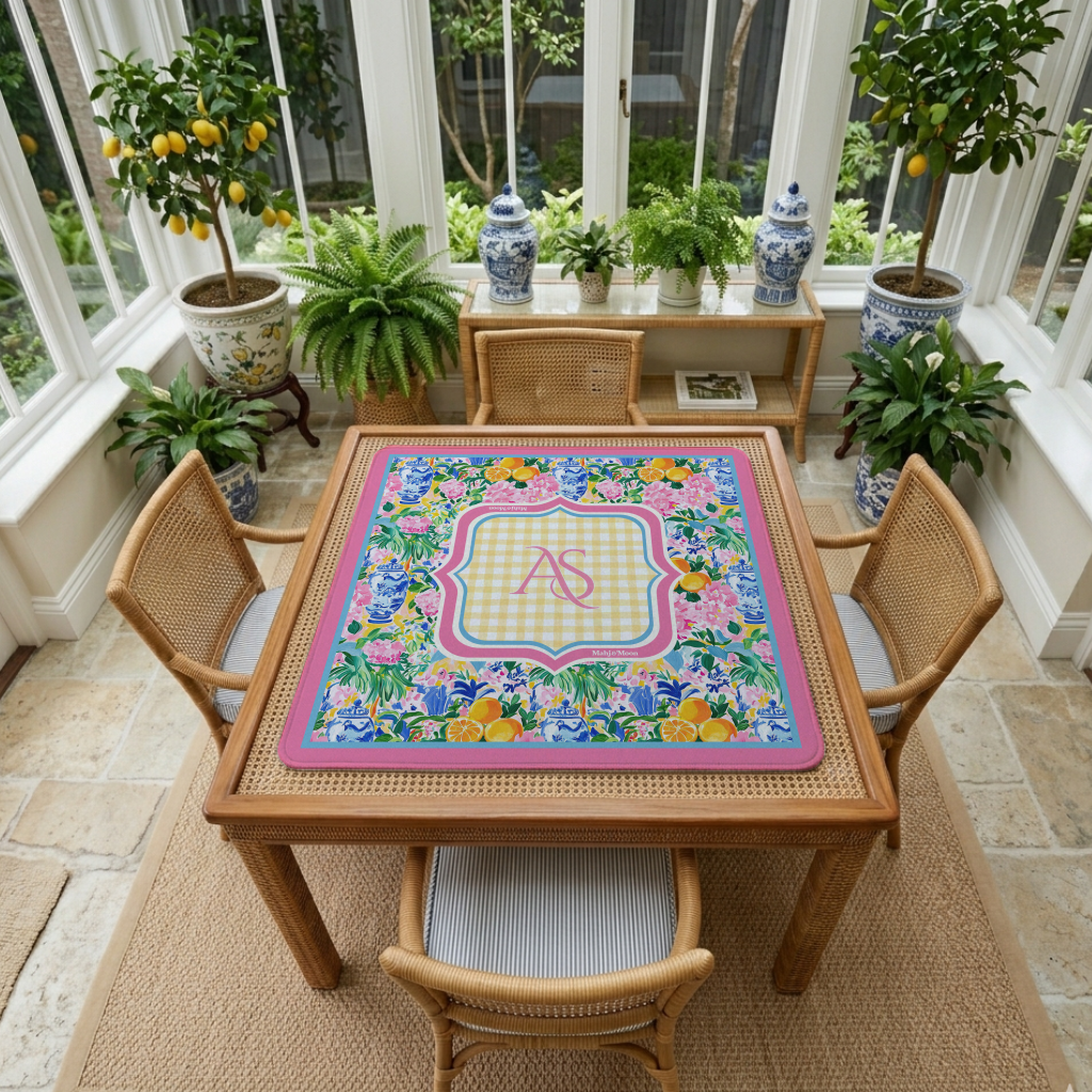 Personalized Vibrant Floral Chinoiserie Pink Mahjong Mat | Custom Monogram Mahj Mat